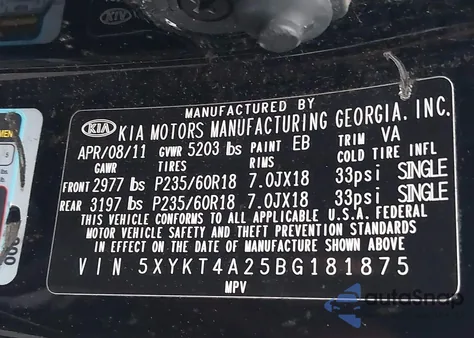 2011 Kia Sorento Lx V6 из США, поврежденный, VIN 5XYKT4A25BG181875